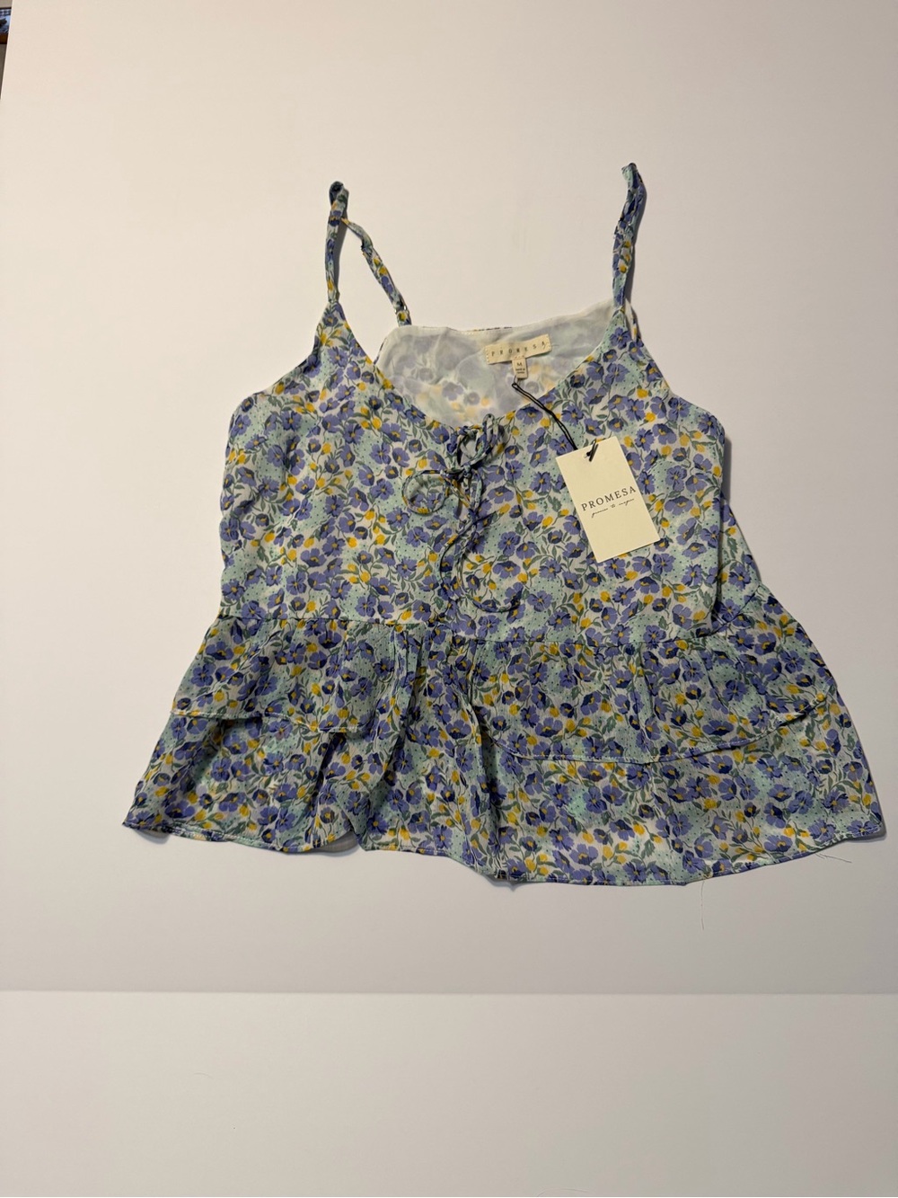 Promesa Blue and Yellow Floral Lace-Up Spaghetti Strap Peplum Camisole